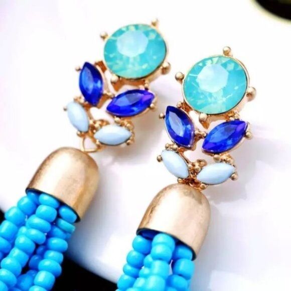 Sea Blue Rhinestone Beaded Tassel Fringe Vintage Gold Dangle Statement Earrings - Picture 6 of 9
